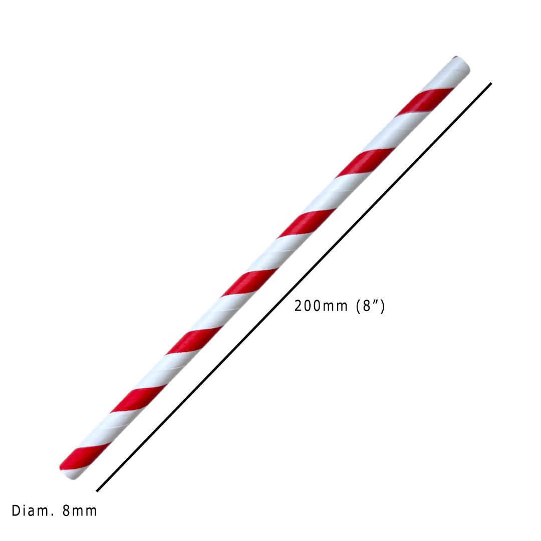Red Stripe Smoothie Paper Straw 200x8mm Dimensions - Propus Packaging