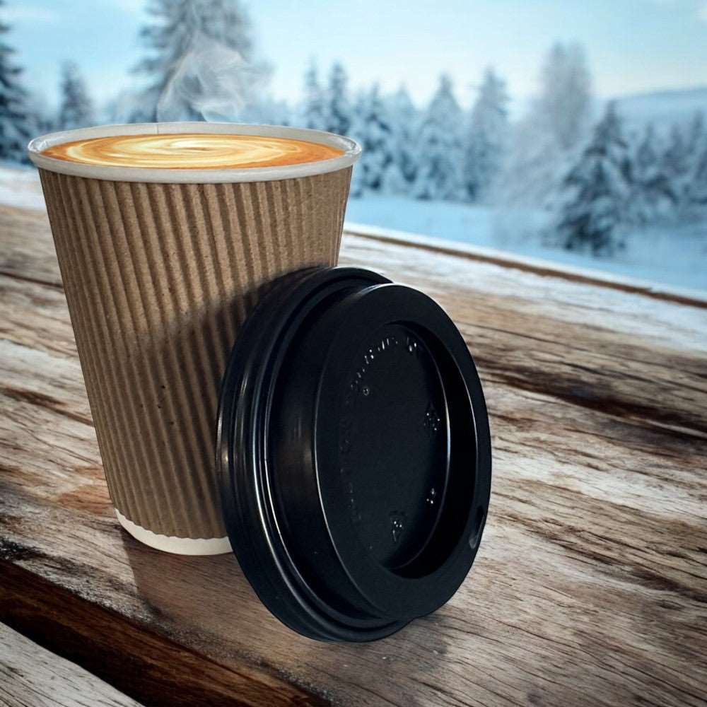 Ripple Wall 12oz Paper Cup With Black Lid Beige/White  Lifestyle - Propus Packaging
