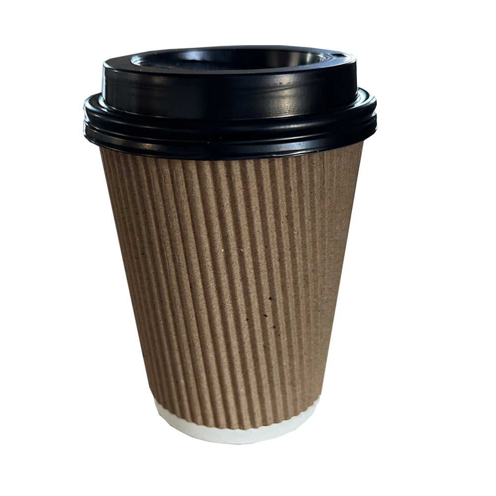Ripple Wall 12oz Paper Cup Beige/White With Black Sip Lid - Propus Packaging