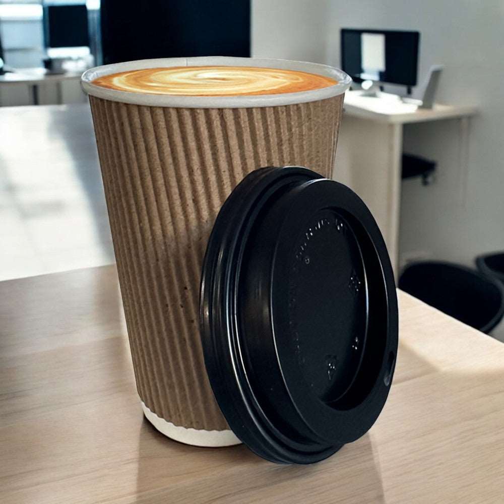 Ripple Wall 16oz Paper Cup Beige/White  With Black Lid - Lifestyle