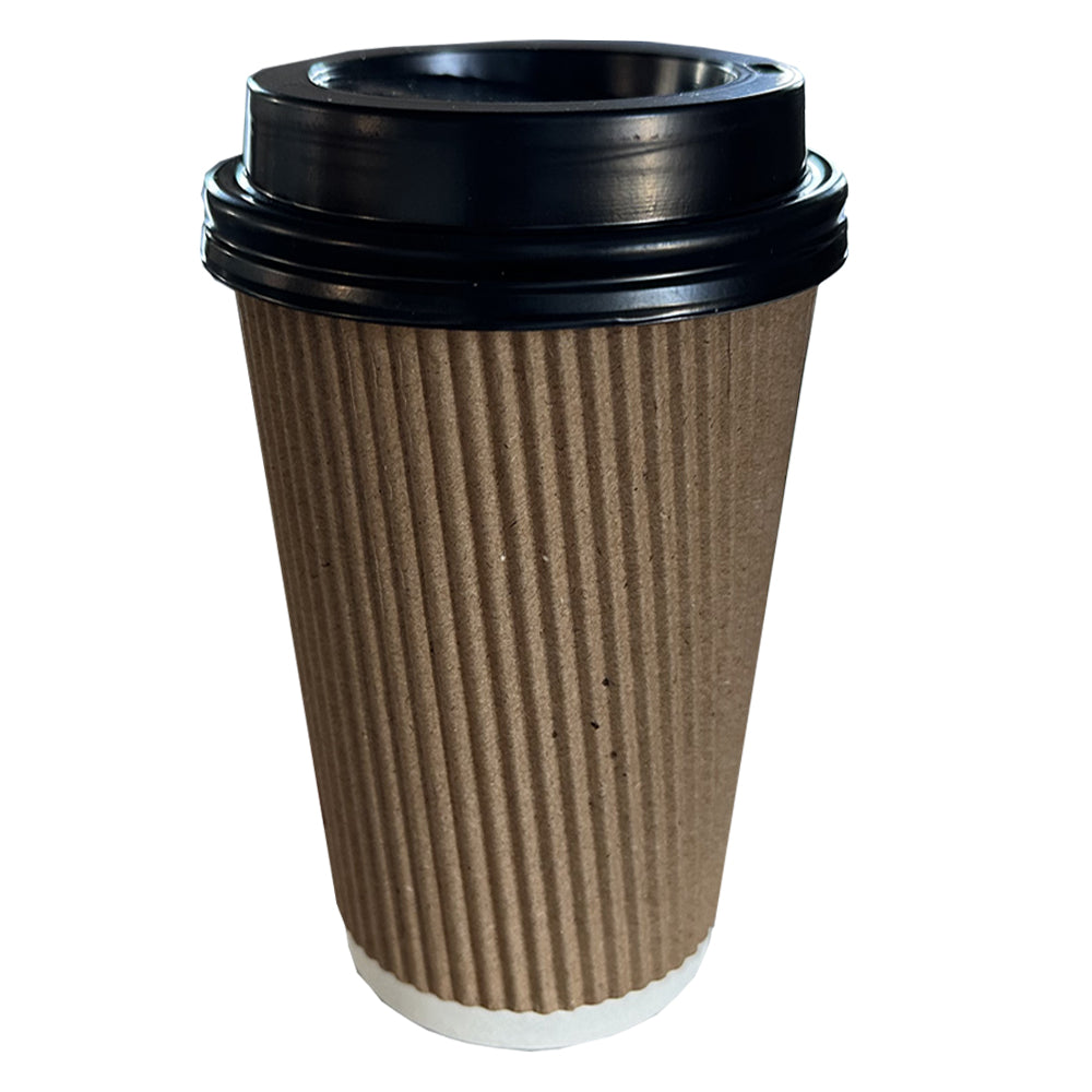 Ripple Wall 16oz Paper Cup Beige/White With Black Lid - Propus Packaging
