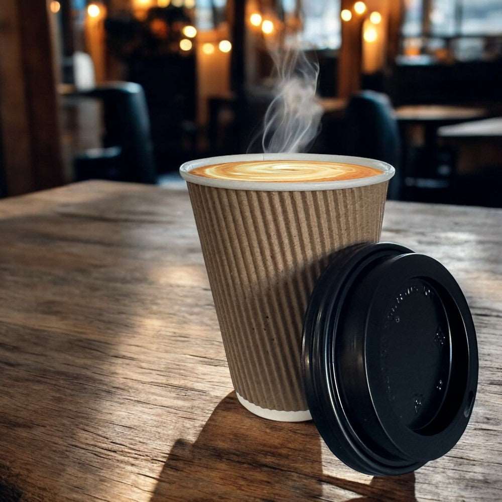 Ripple Wall 8oz Paper Cup Beige/White With Black Sip Lid Pack 1000 - Lifestyle