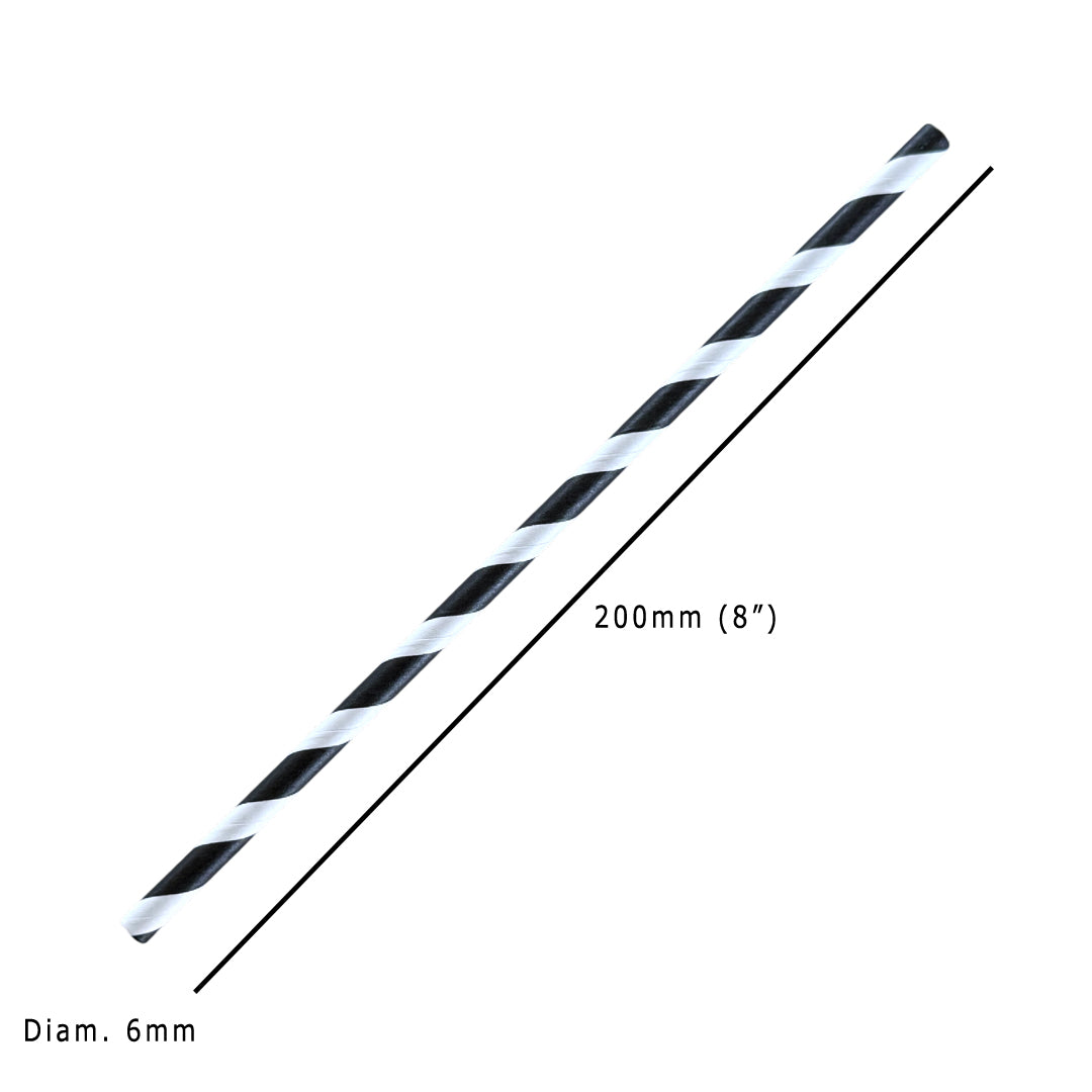 Straight 8" Black & White Stripe Paper Straws 200x6mm Dimensions - Propus Packaging