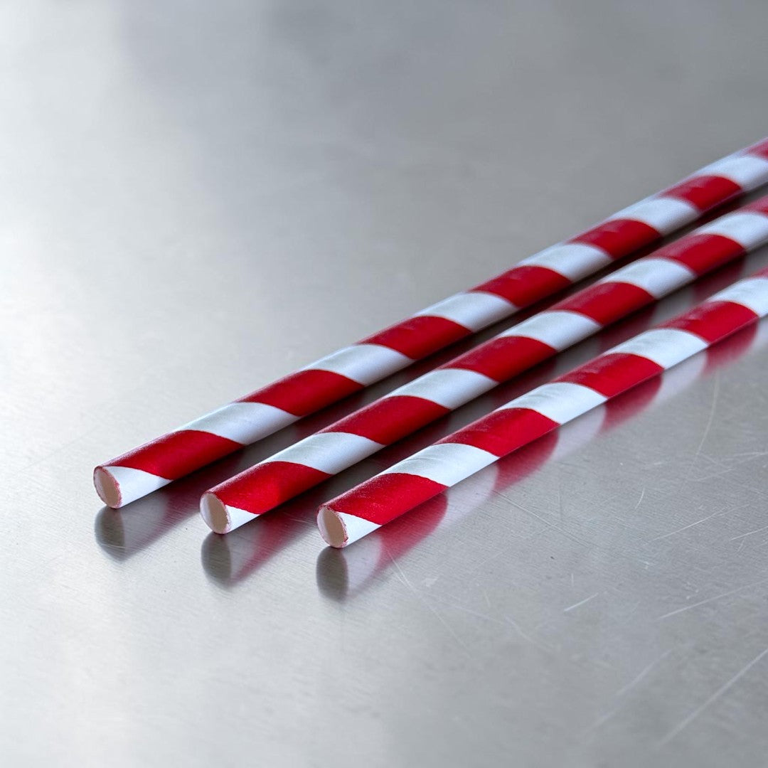 Straight 8" Red & White Stripe Paper Straws 200x6mm Close Up - Propus Packaging
