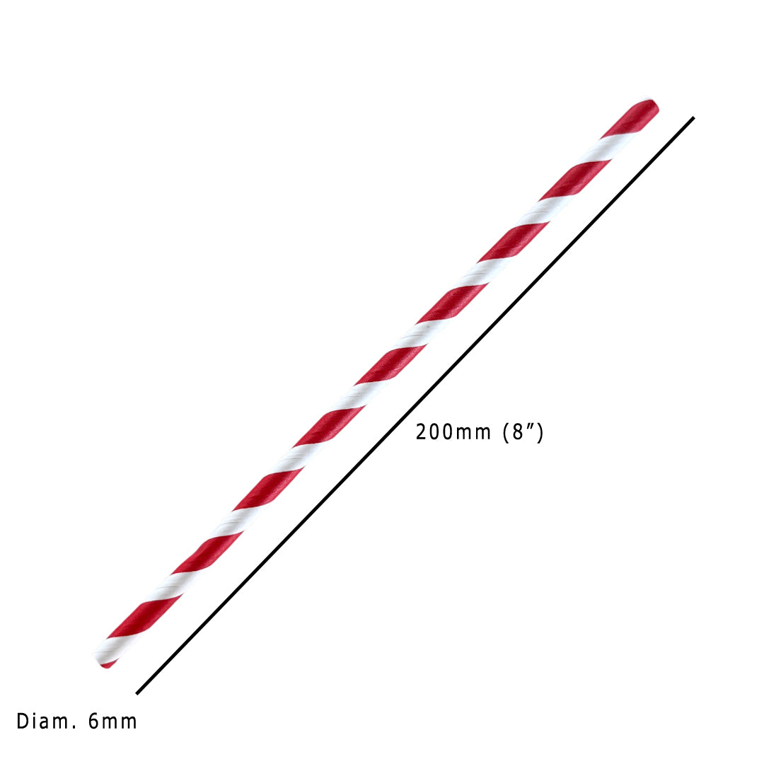 Straight 8" Red & White Stripe Paper Straws 200x6mm Dimensions - Propus Packaging