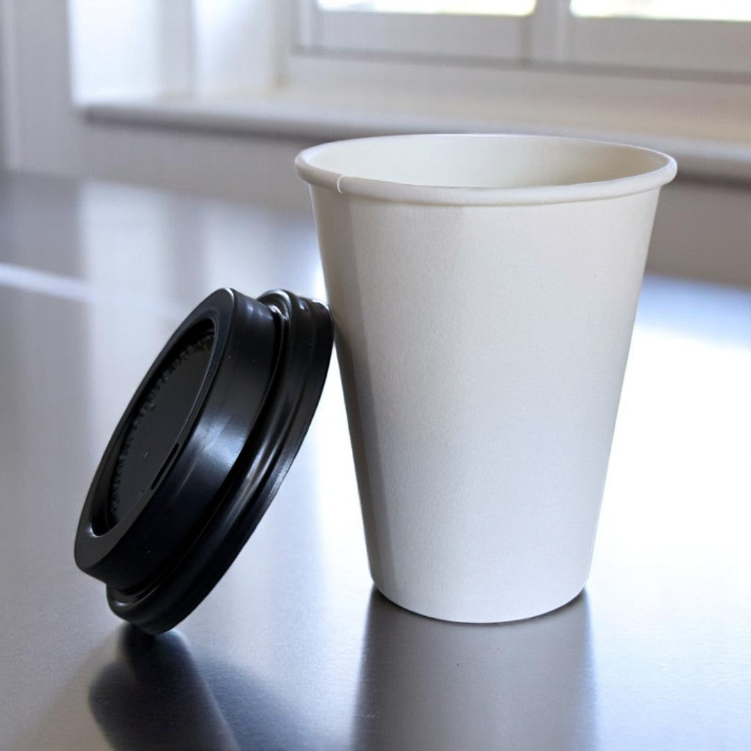 White Single Wall 12oz Paper Cup With Black Sip Lids - Propus Packaging