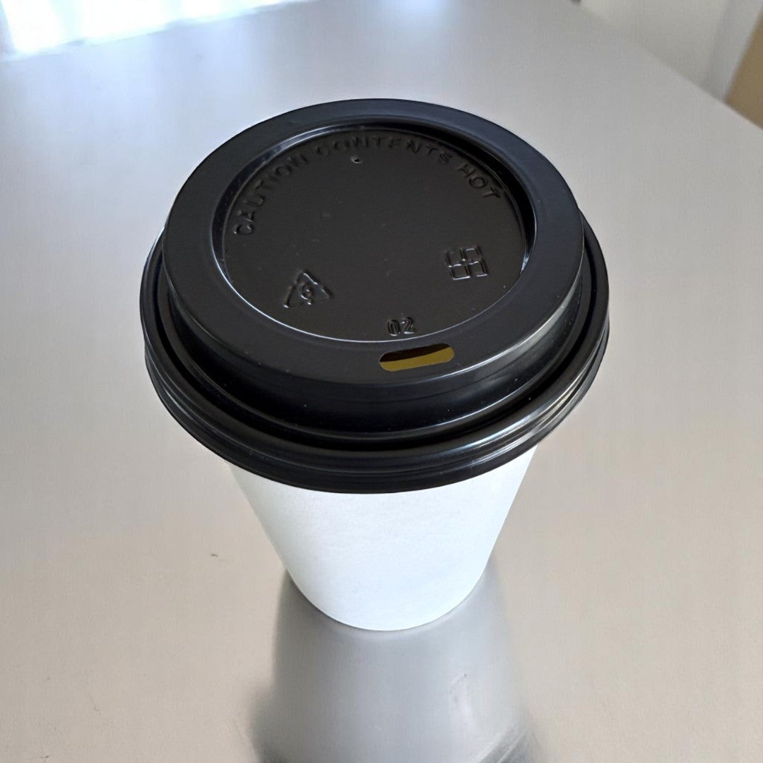 White Single Wall 12oz Paper Cup With Black Sip Lids Top View - Propus Packaging
