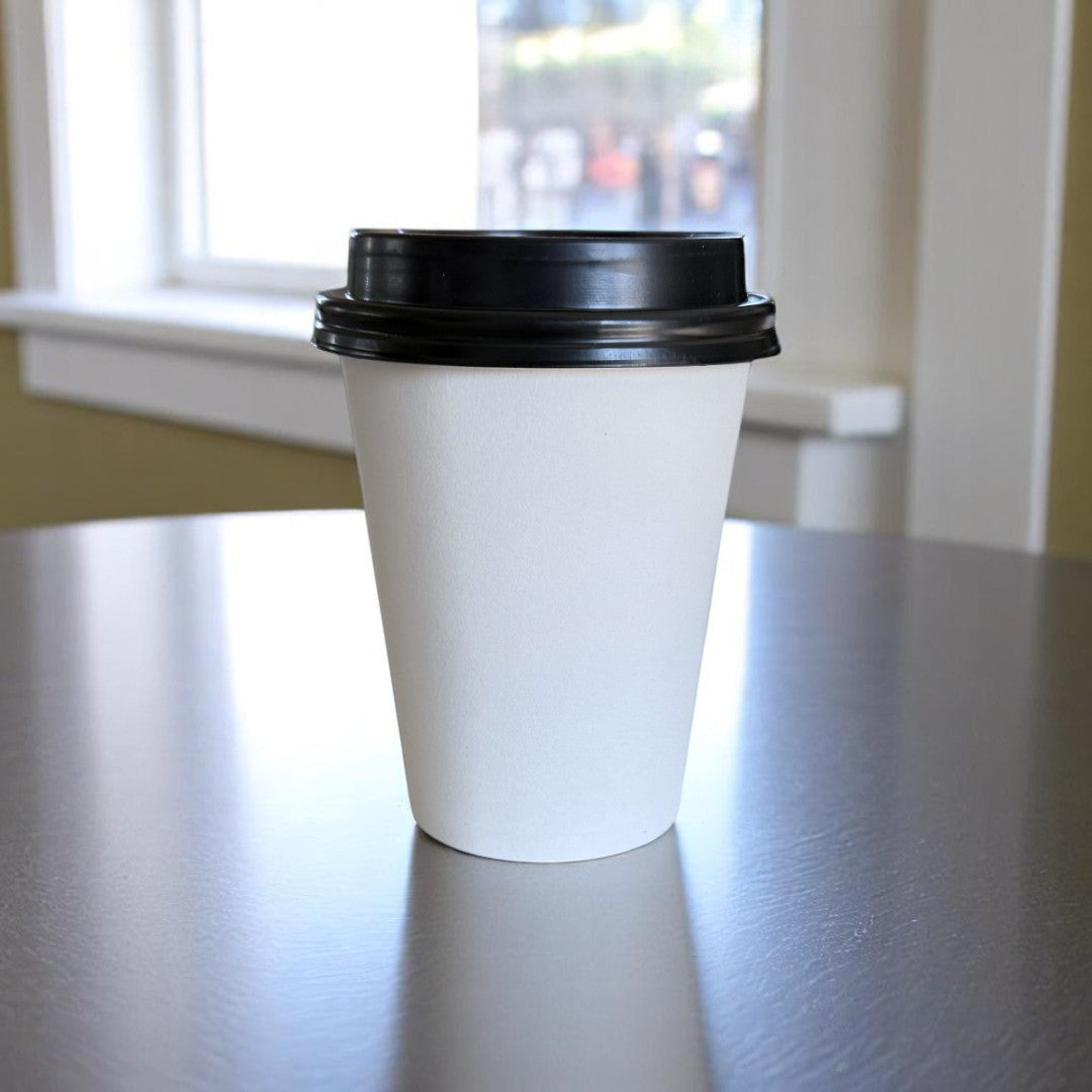 White Single Wall 8oz Paper Cup With Black Sip Lids With Lid - Propus Packaging
