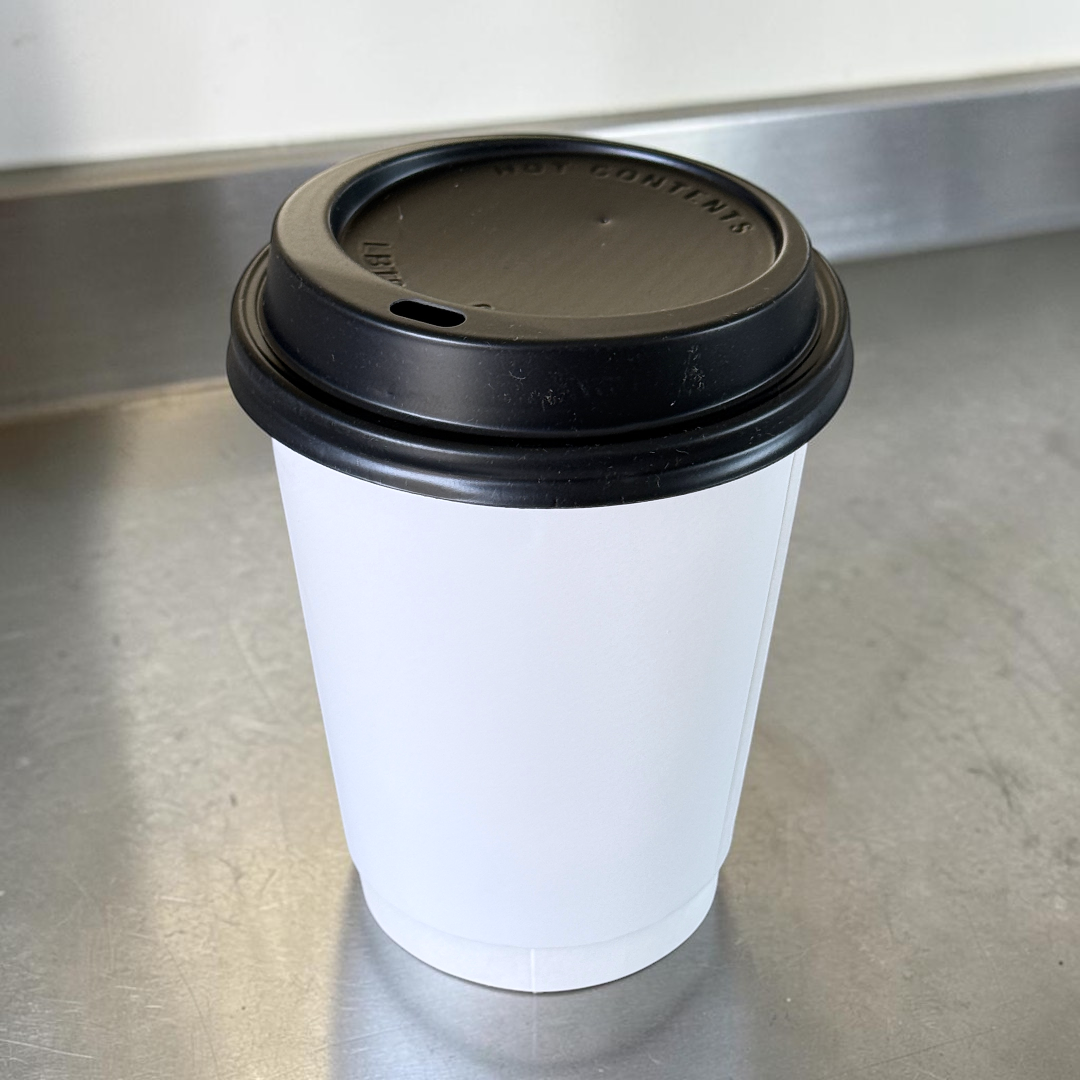 White Double Wall 12oz Paper Cup With Black Sip Lids Side - Propus Packaging
