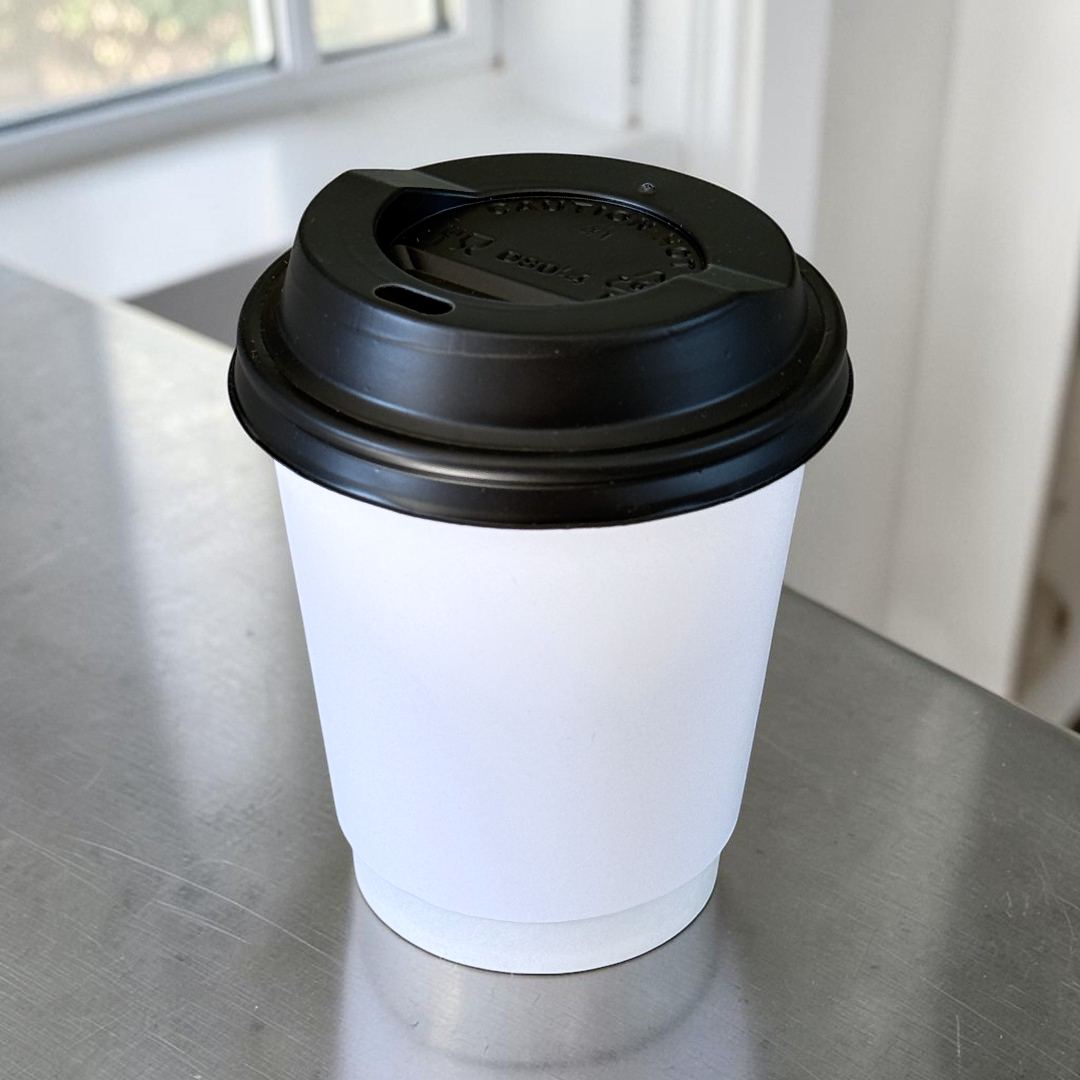 White Double Wall 8oz Paper Cup With Black Sip Lids Side - Propus Packaging