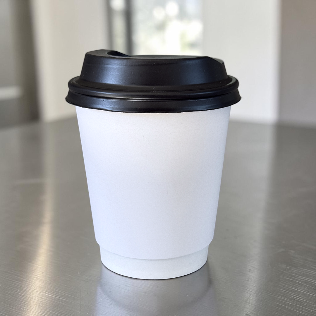 White Double Wall 8oz Paper Cup With Black Sip Lids - Propus Packaging