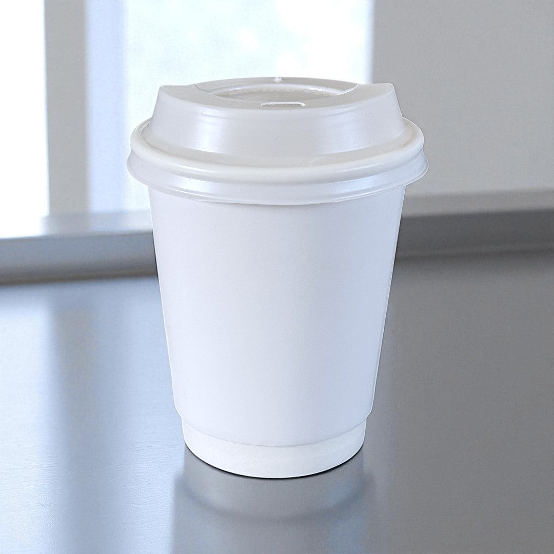 White Double Wall 8oz Paper Cup With White Sip Lids Side - Propus Packaging