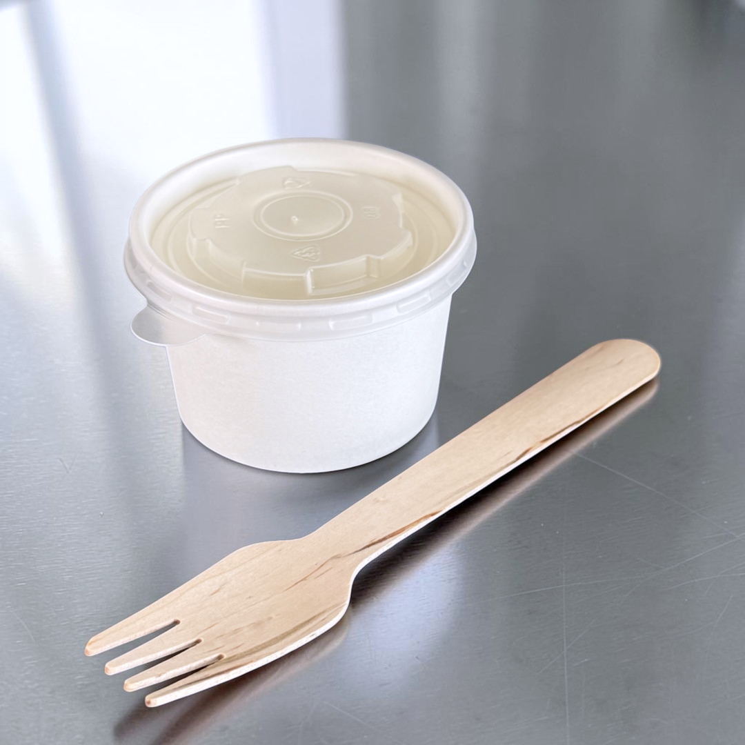 White Kraft 4oz Sauce & Portion Pot 73x45mm With PP Lid Side - Propus Packaging