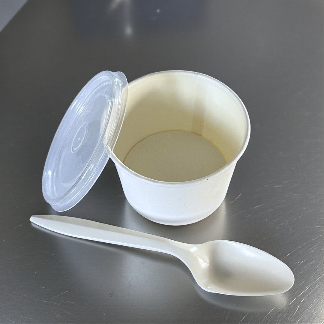 White Kraft 4oz Sauce & Portion Pots With Lid Overhead - Propus Packaging