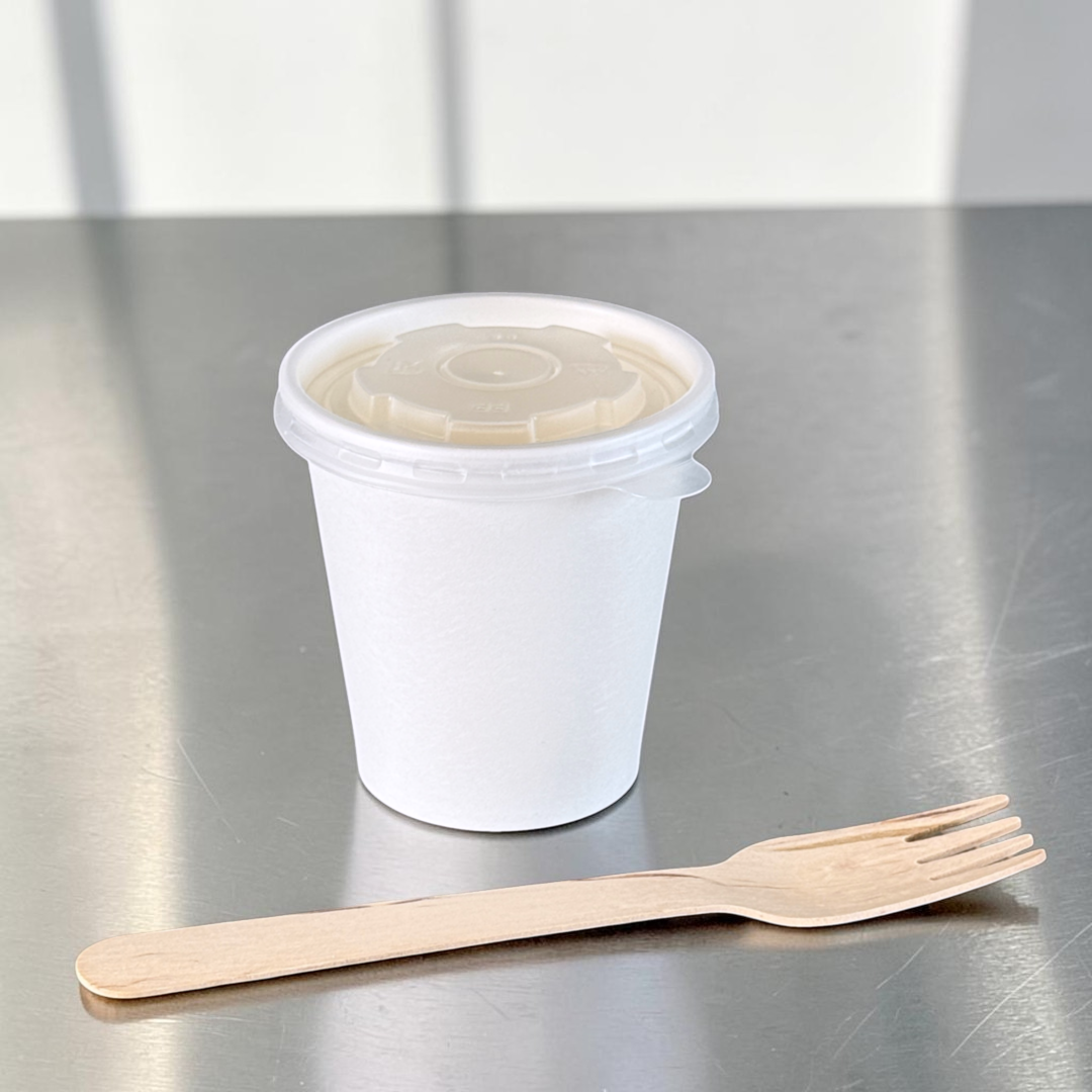 White Kraft 7oz Sauce & Portion Pot 73x75mm With PP Lid Side - Propus Packaging