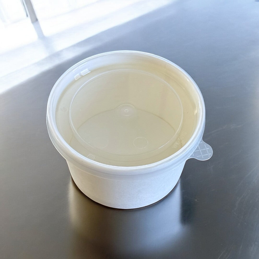 White Kraft 7oz Sauce & Portion Pots With Lid Overhead - Propus Packaging