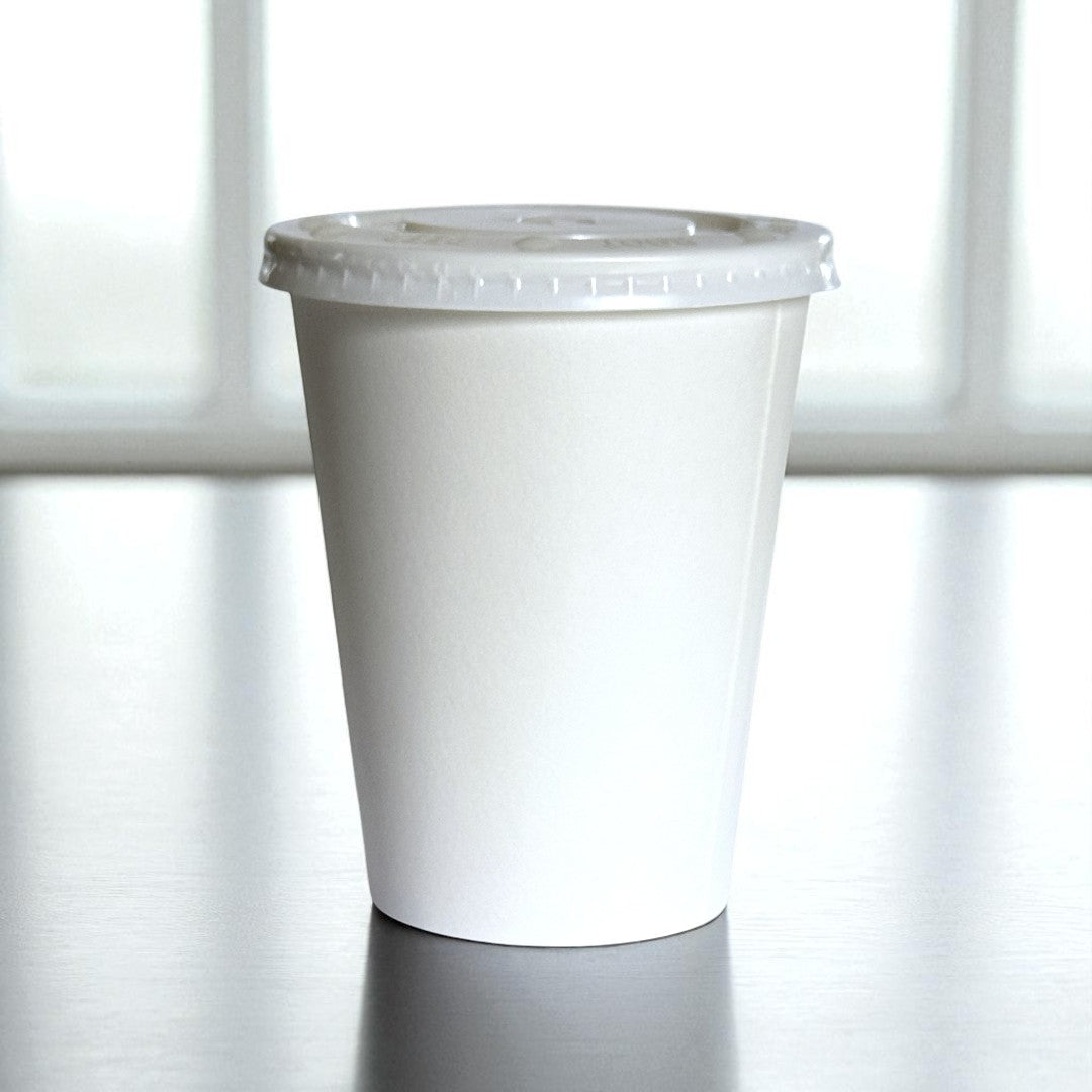 White Single Wall 12oz Paper Cup With Flat Straw Hole Lids Side - Propus Packaging