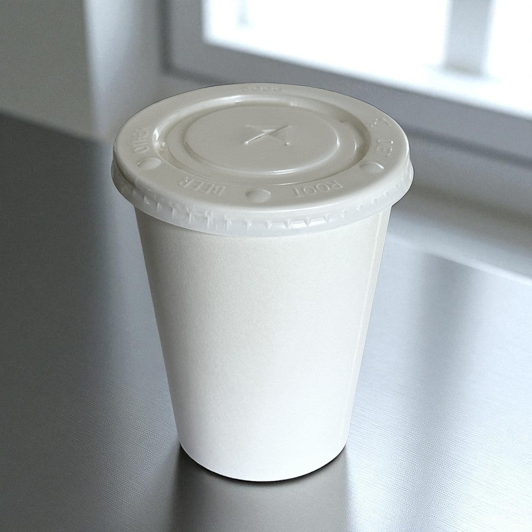 White Single Wall 12oz Paper Cup With Flat Straw Hole Lids - Propus Packaging
