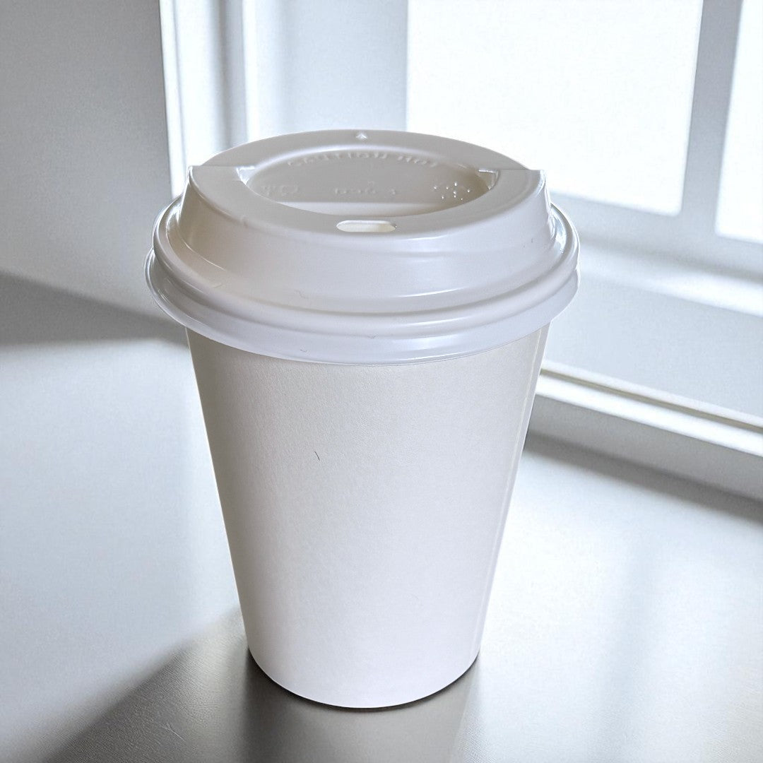 White Single Wall 12oz Paper Cup With White Sip Lids - Propus Packaging