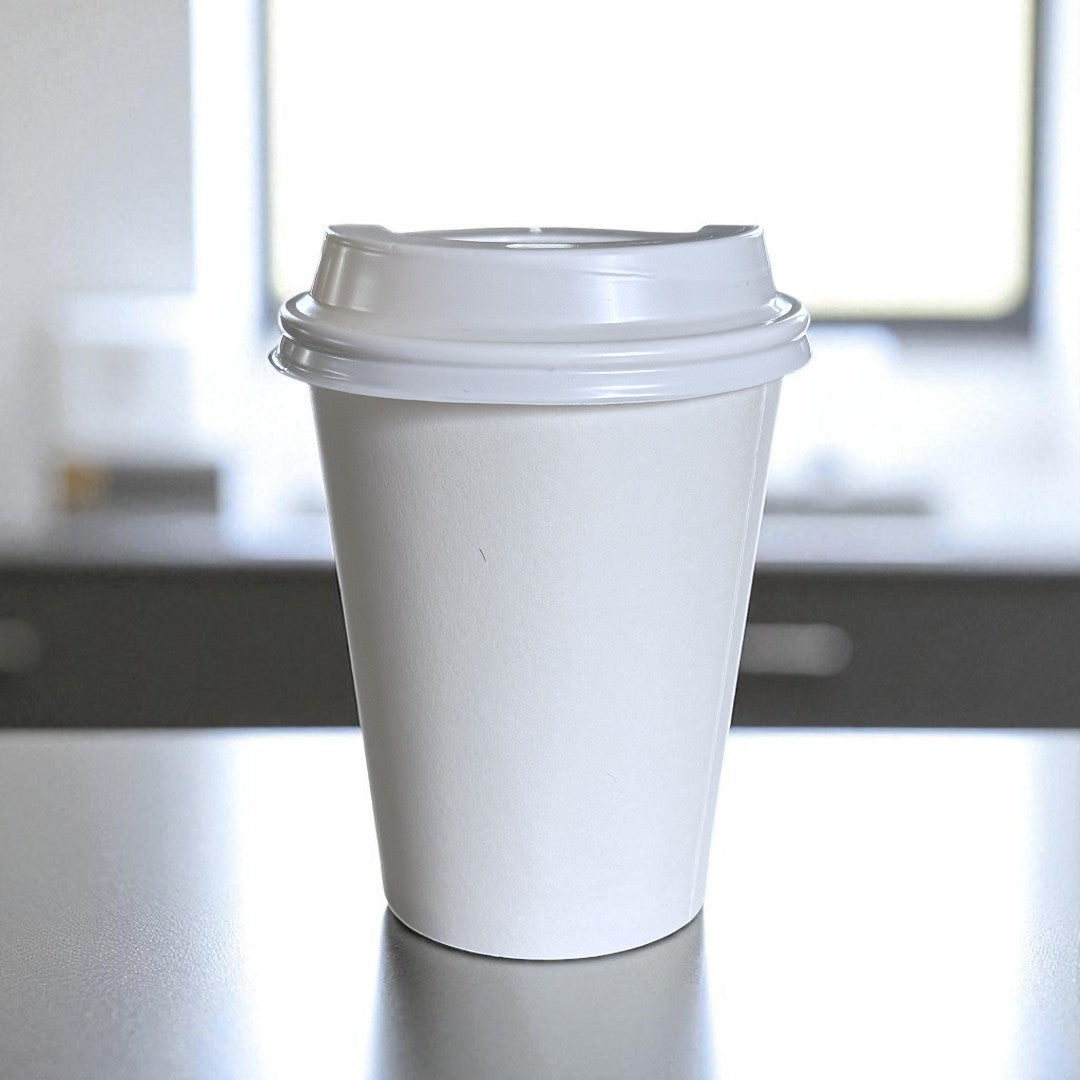 White Single Wall 12oz Paper Cup With White Sip Lids Side - Propus Packaging