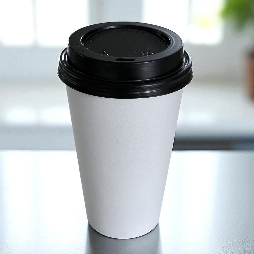 White Single Wall 16oz Paper Cup With Black Sip Lids - Propus Packaging
