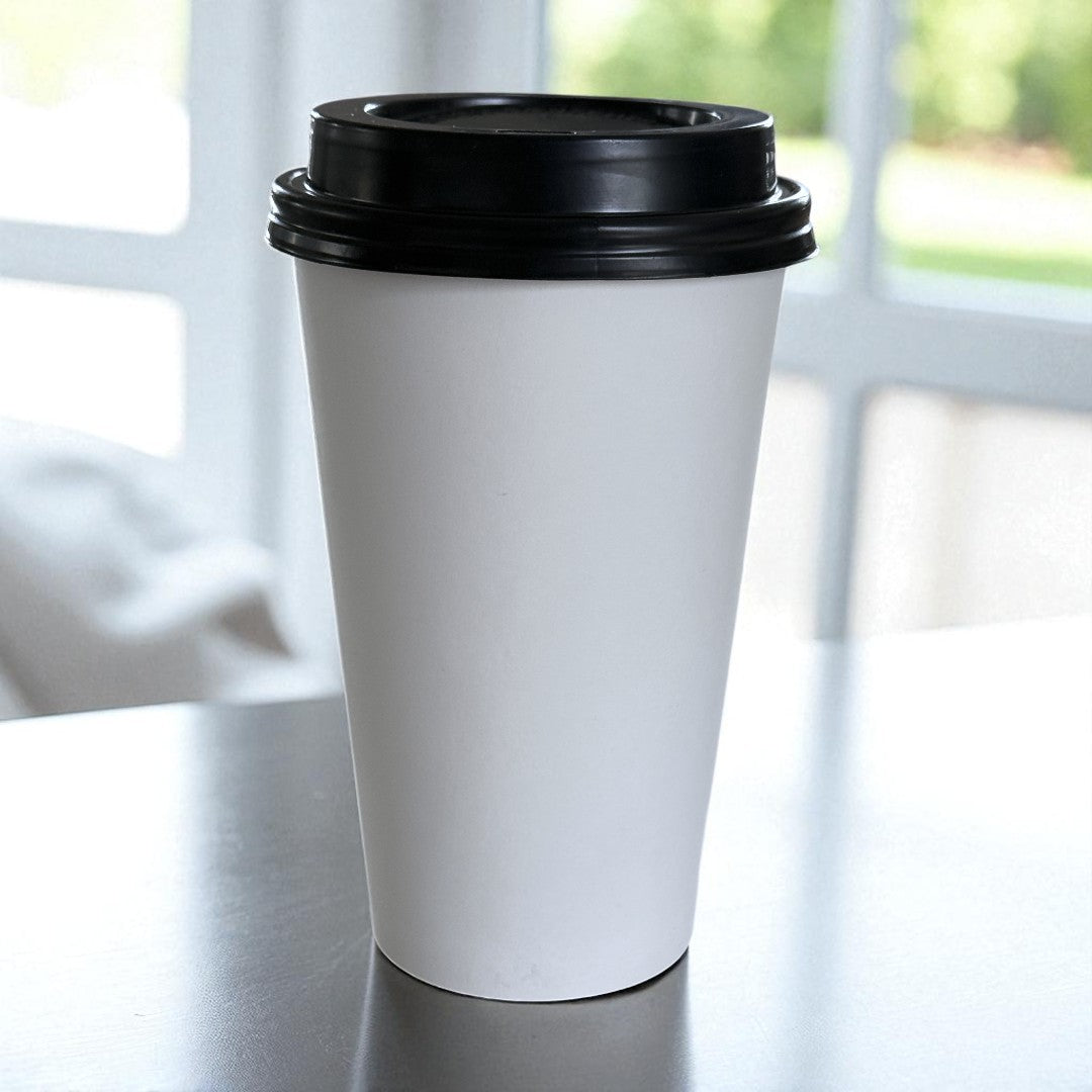 White Single Wall 16oz Paper Cup With Black Sip Lids Side - Propus Packaging