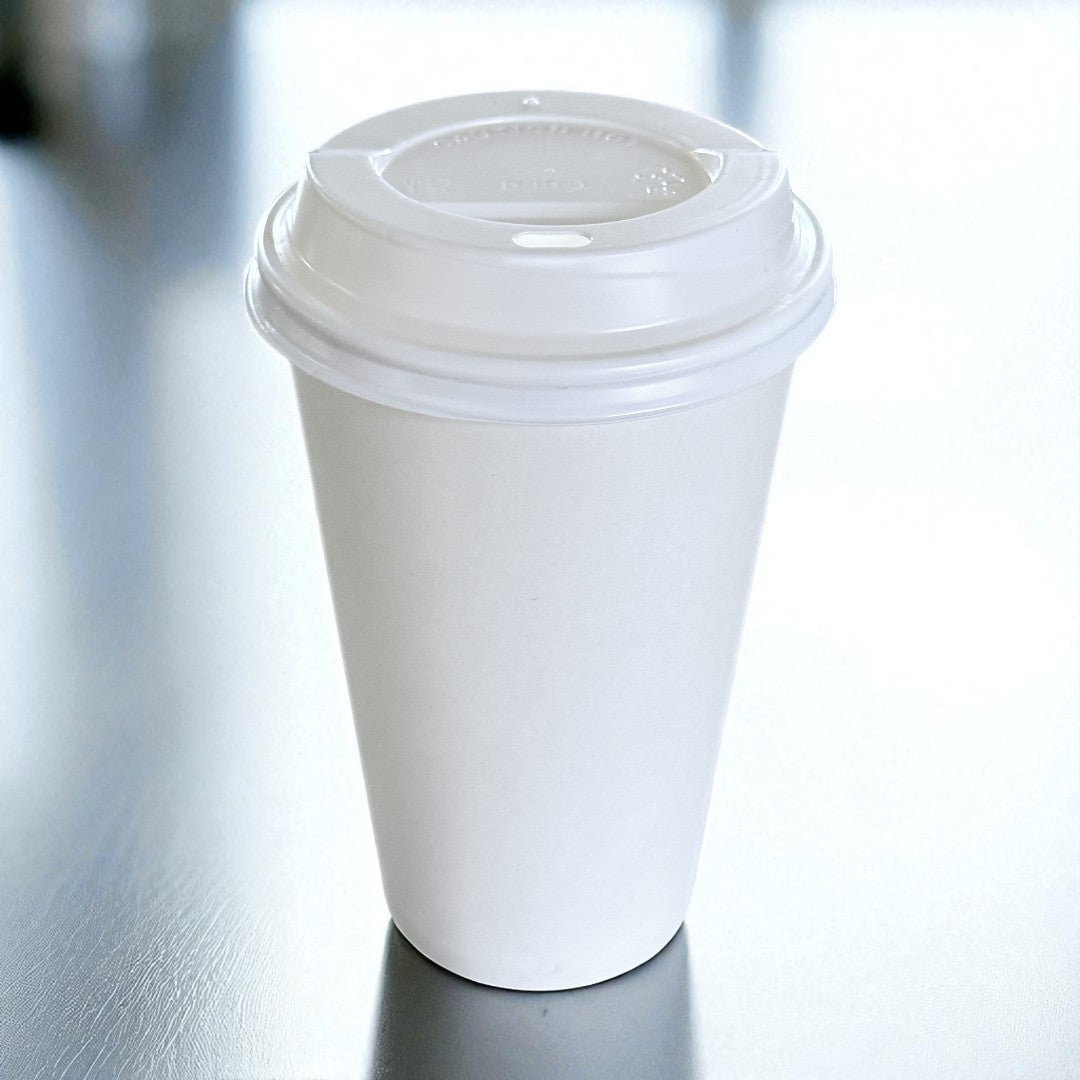 White Single Wall 16oz Paper Cup With White Sip Lids - Propus Packaging