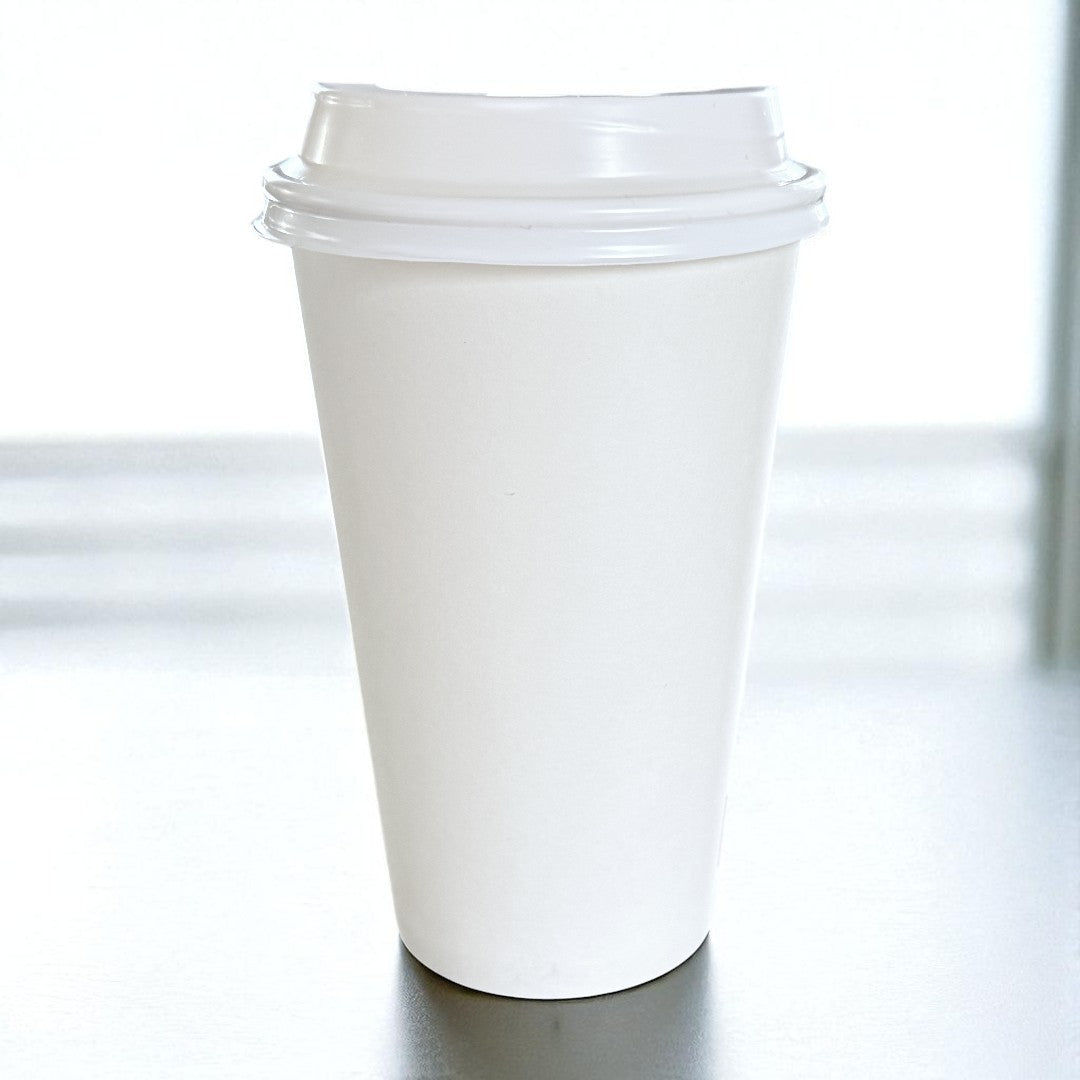 White Single Wall 16oz Paper Cup With White Sip Lids Side - Propus Packaging