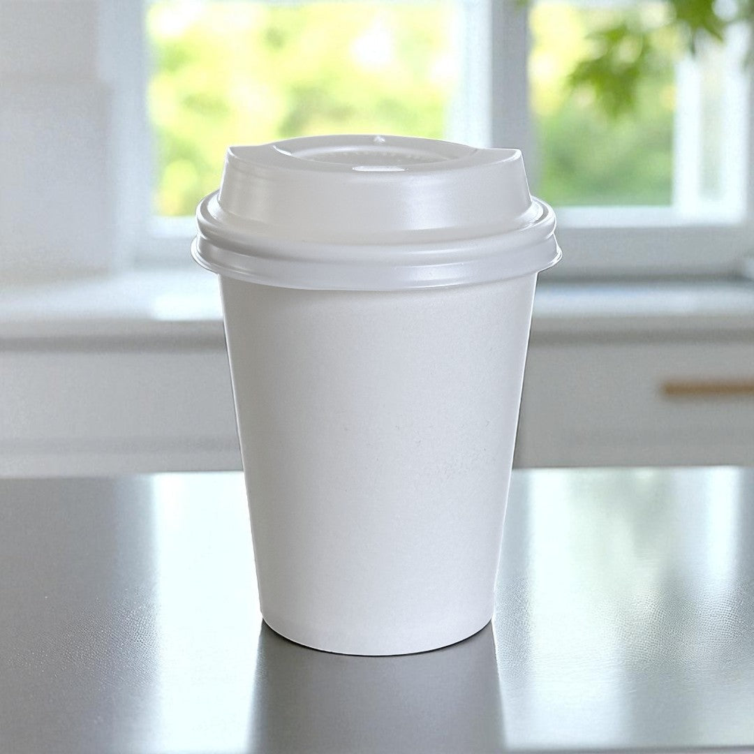 White Single Wall 8oz Paper Cup With White Sip Lids Side - Propus Packaging