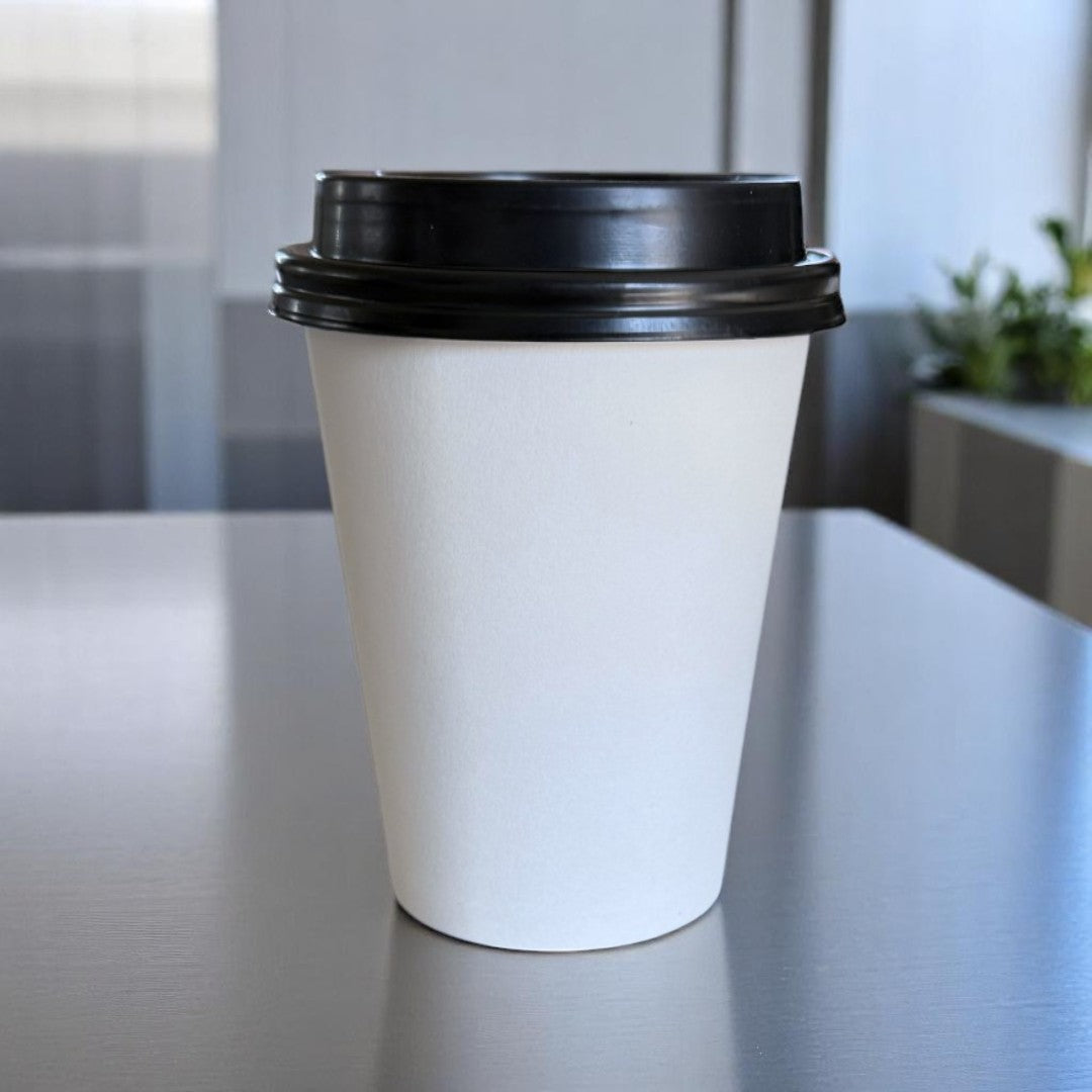 White Single Wall 12oz Paper Cup With Black Sip Lids With Lid On - Propus Packaging