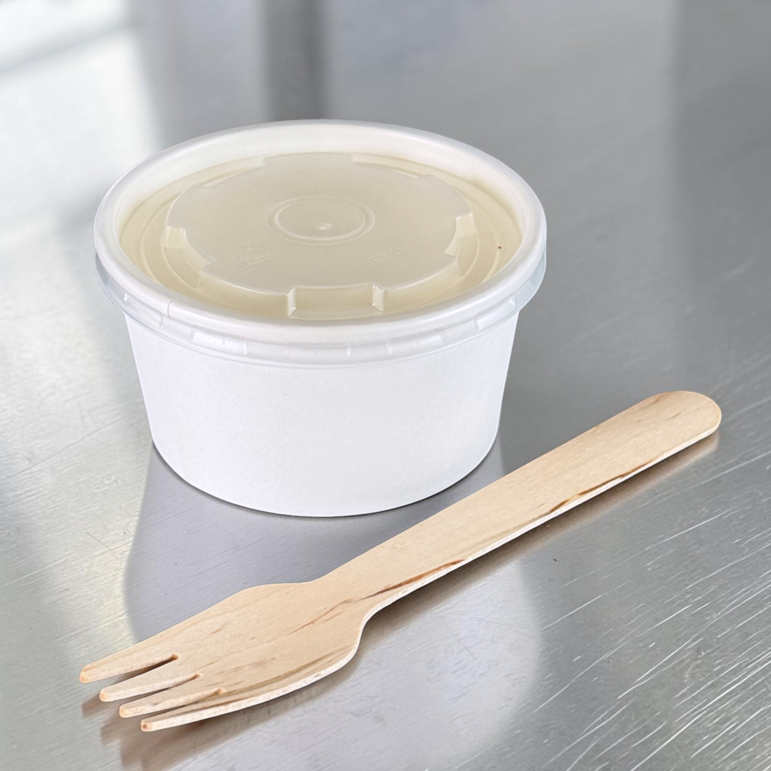 White Kraft 7oz Sauce & Portion Pots 90x50mm With Lid Side - Propus Packaging