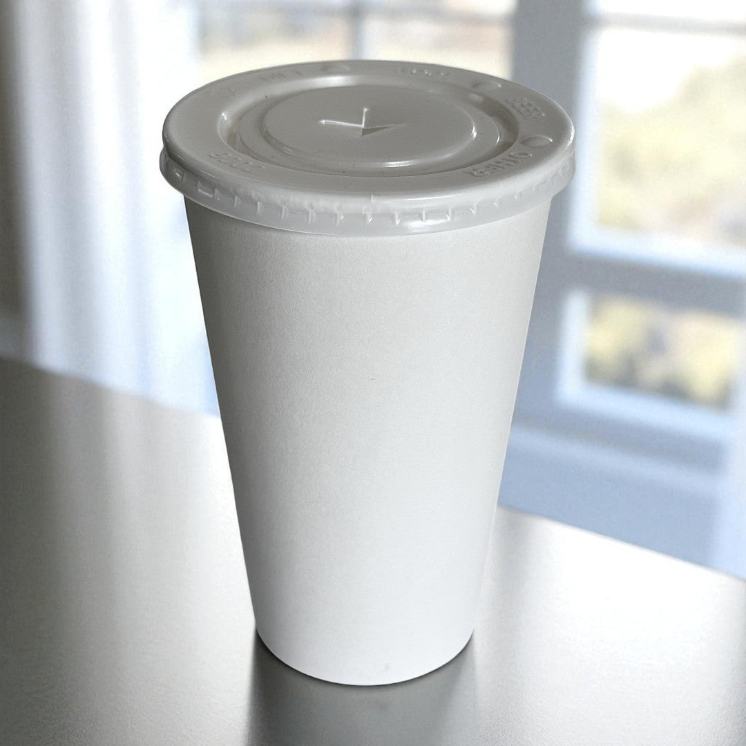 White Single Wall 16oz Paper Cup With Flat Straw Hole Lids - Propus Packaging