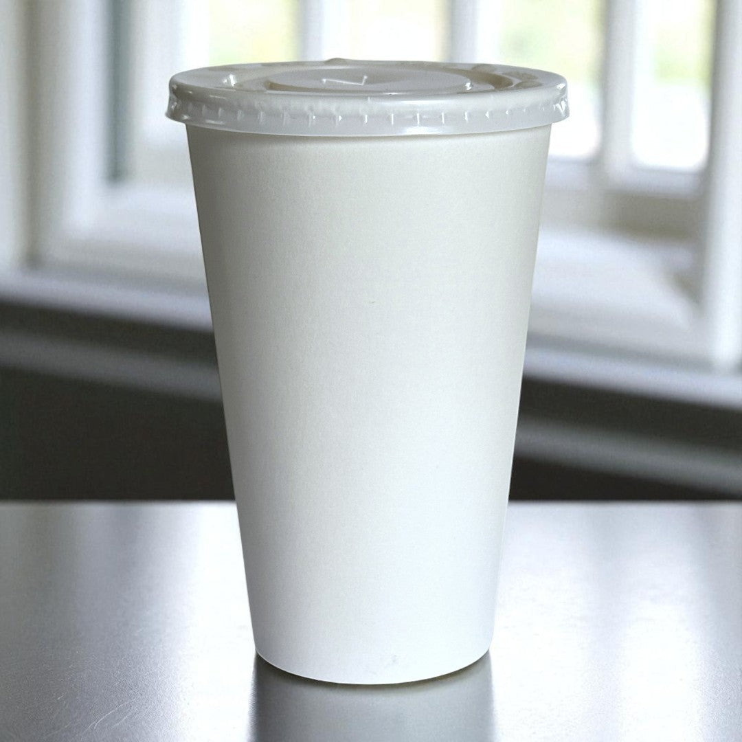 White Single Wall 16oz Paper Cup With Flat Straw Hole Lids Side - Propus Packaging