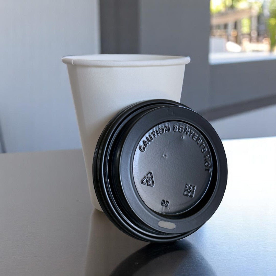 White Single Wall 8oz Paper Cup With Black Sip Lids - Propus Packaging
